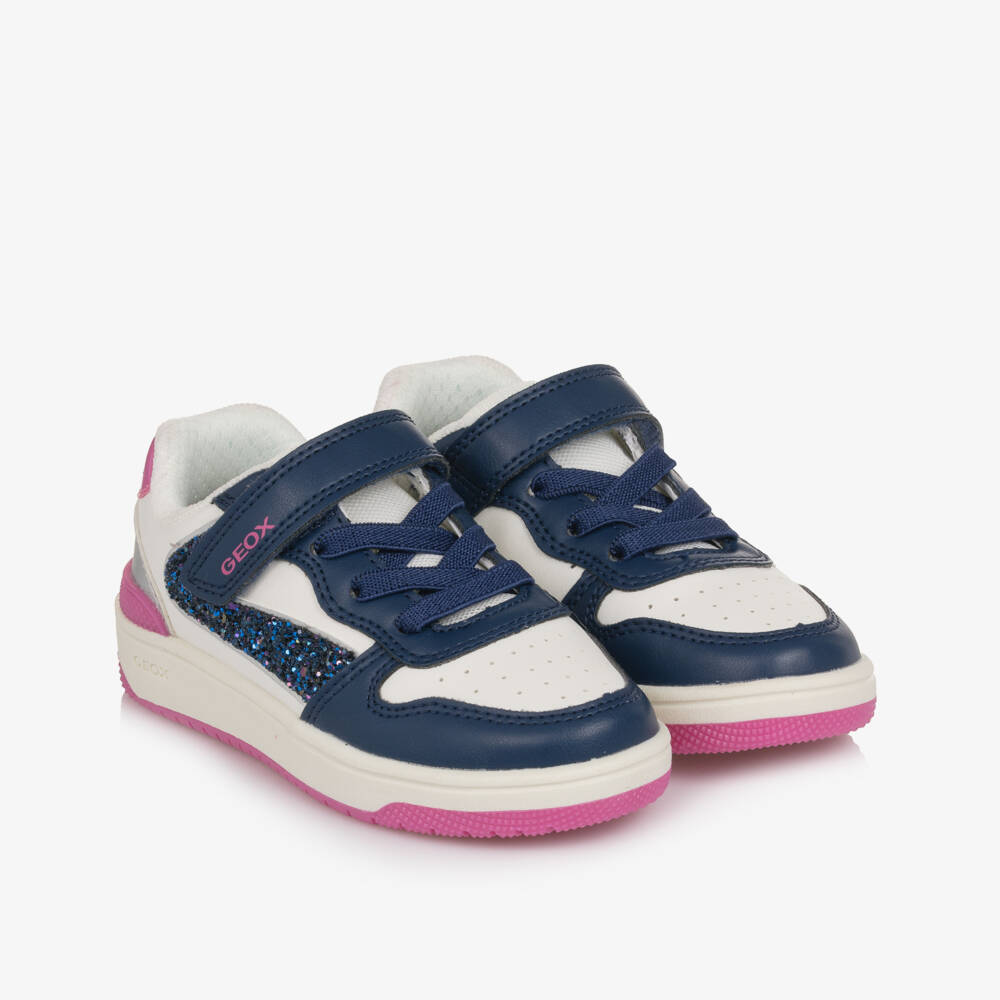 Geox-Girls Blue & Pink Faux Leather Trainers with Glitter Accents | Childrensalon