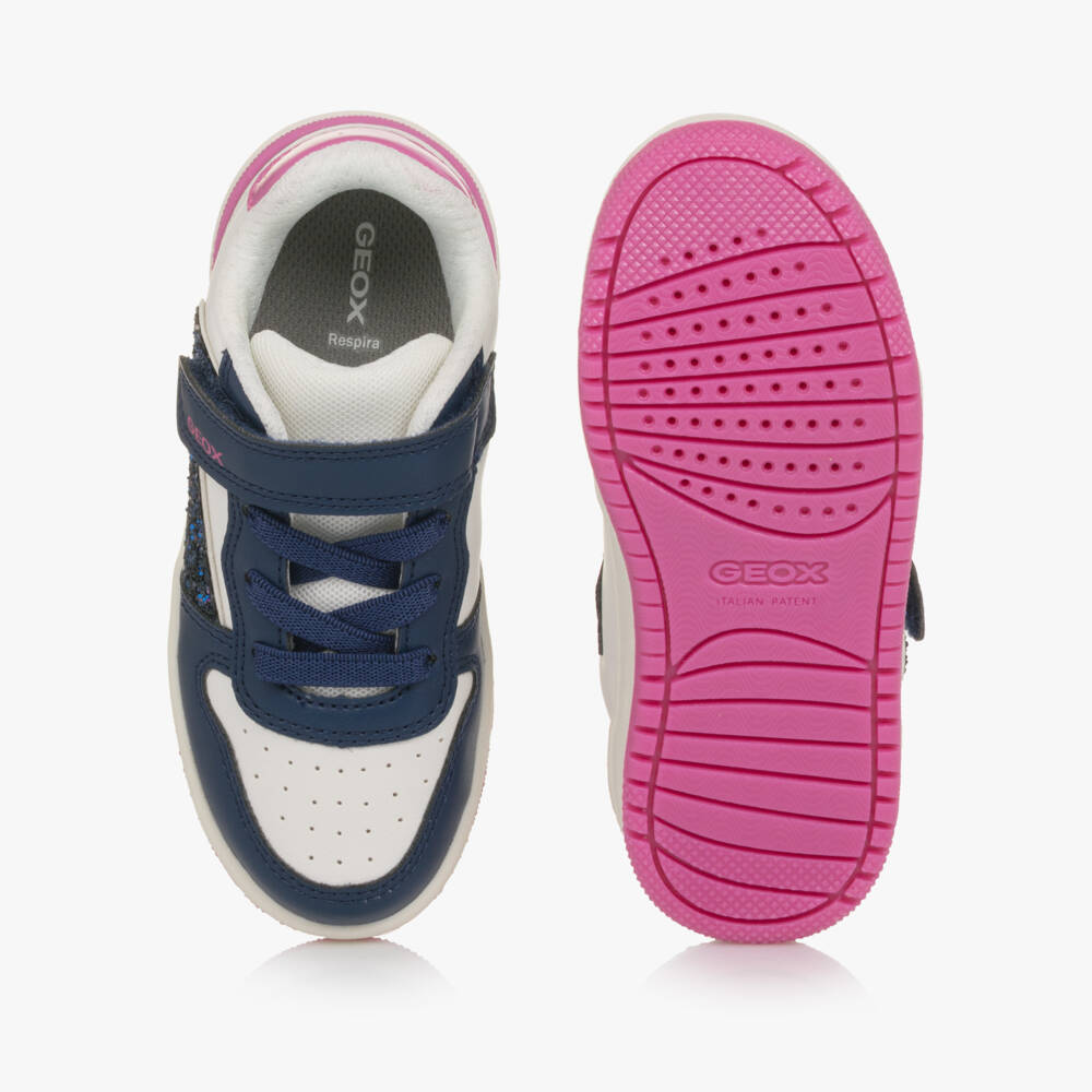 Geox-Girls Blue & Pink Faux Leather Trainers with Glitter Accents | Childrensalon
