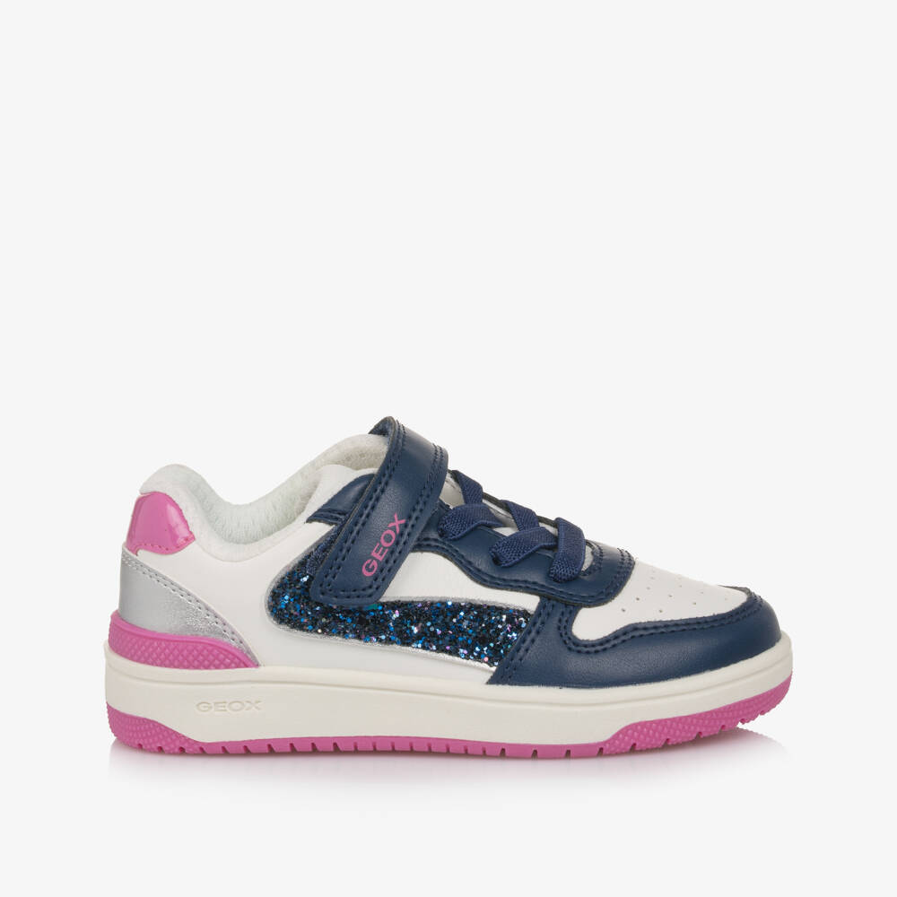 Geox-Girls Blue & Pink Faux Leather Trainers with Glitter Accents | Childrensalon