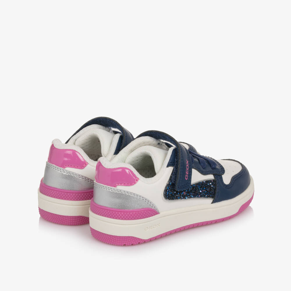 Geox-Girls Blue & Pink Faux Leather Trainers with Glitter Accents | Childrensalon