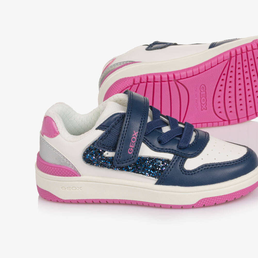 Geox-Girls Blue & Pink Faux Leather Trainers with Glitter Accents | Childrensalon