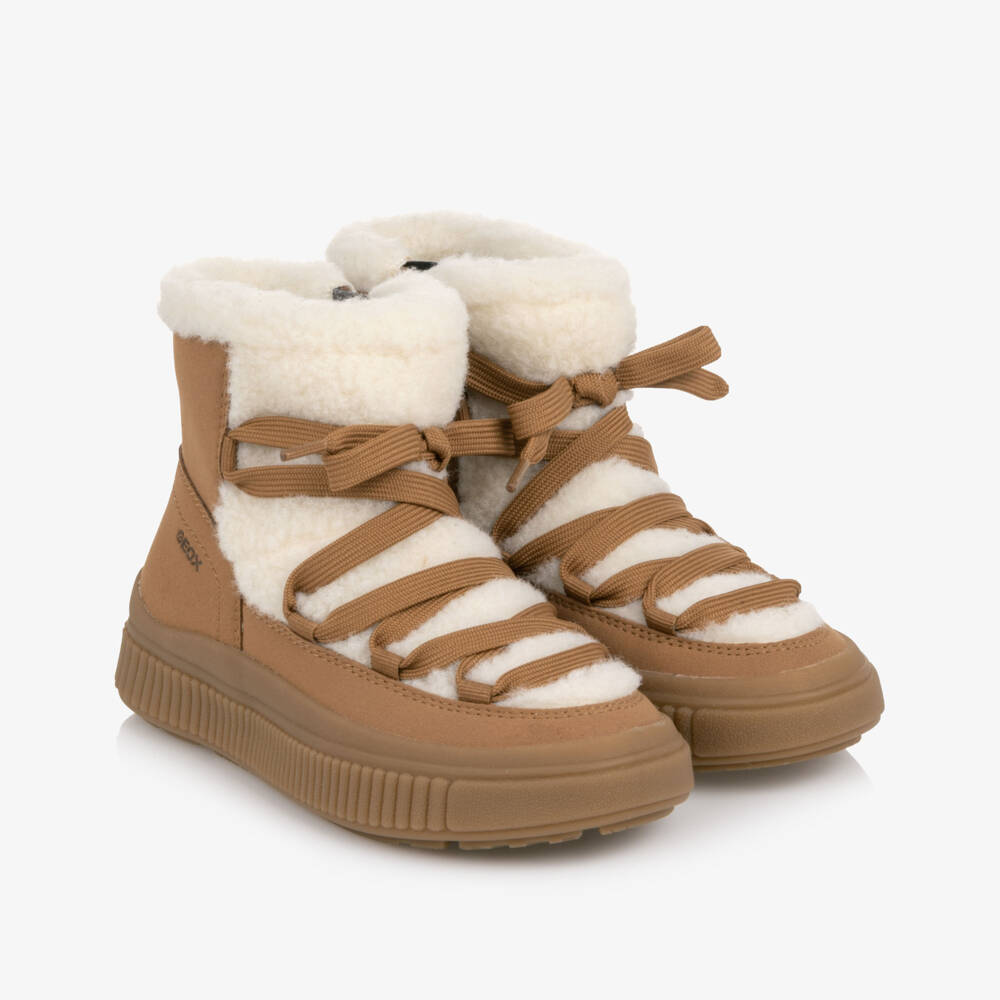 Geox-Girls Camel Brown Boots in Faux Suede & Shearling | Childrensalon