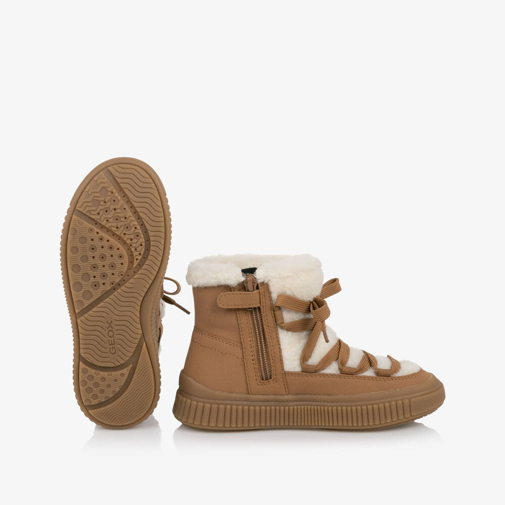 Geox-Girls Camel Brown Boots in Faux Suede & Shearling | Childrensalon
