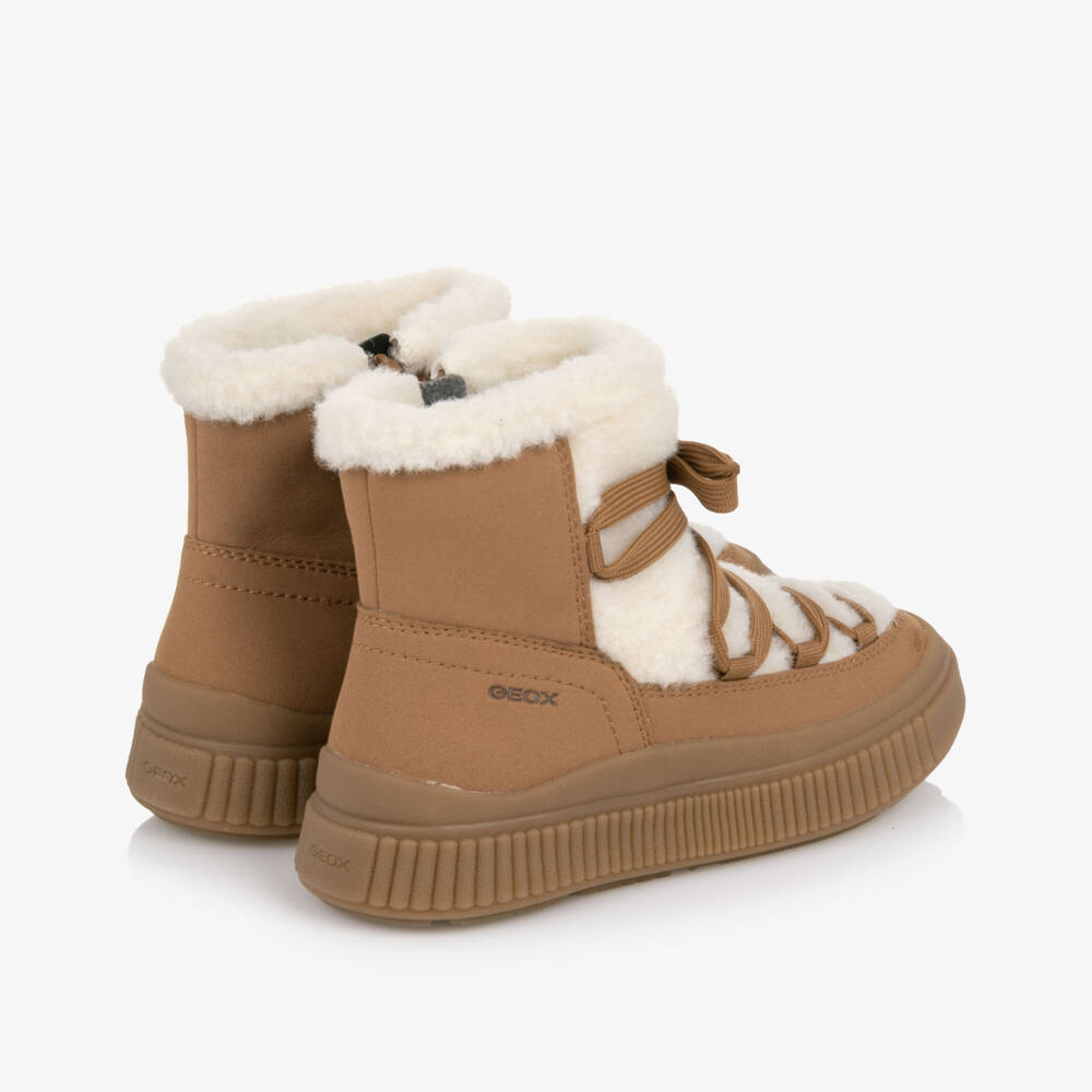 Geox-Girls Camel Brown Boots in Faux Suede & Shearling | Childrensalon