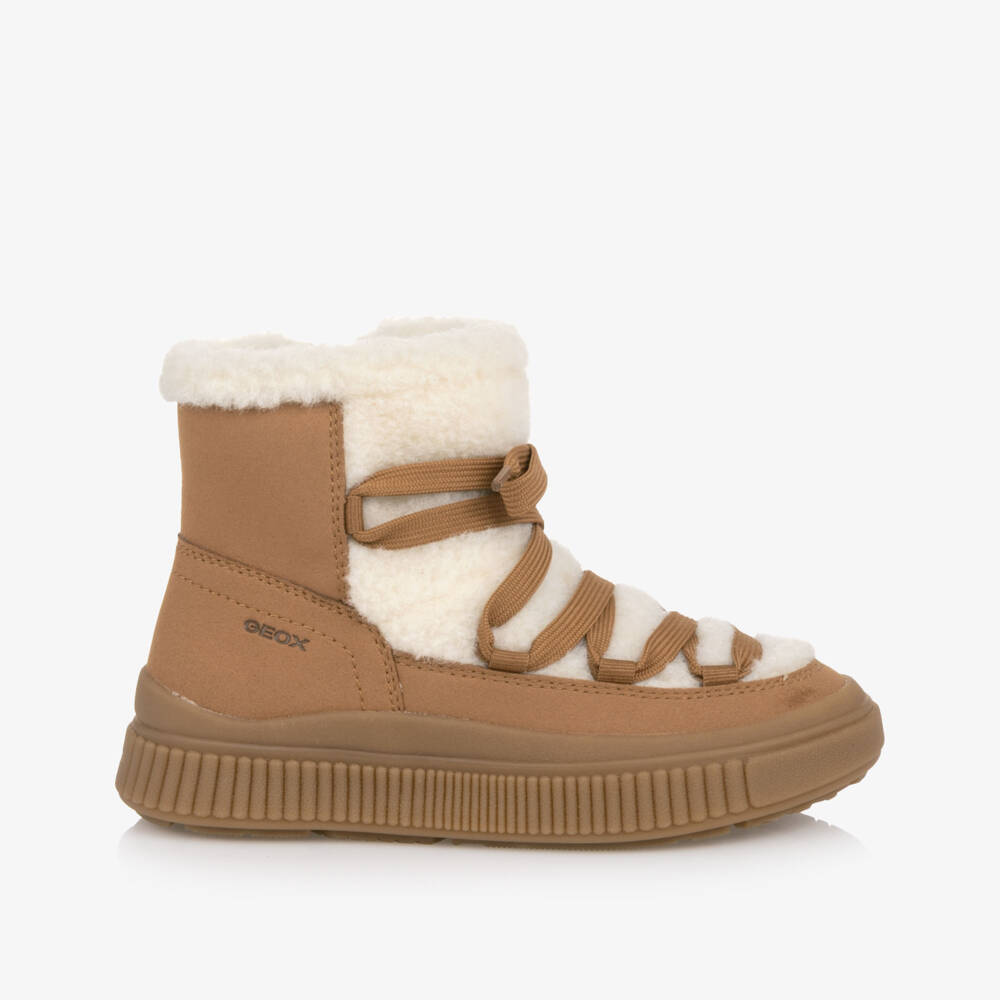 Geox-Girls Camel Brown Boots in Faux Suede & Shearling | Childrensalon