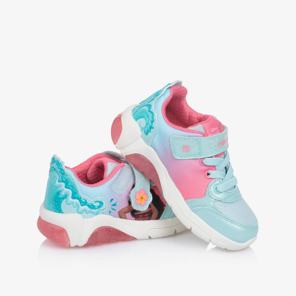 Geox-Girls Glittery Aqua Blue & Pink Disney Moana Light Up Trainers | Childrensalon