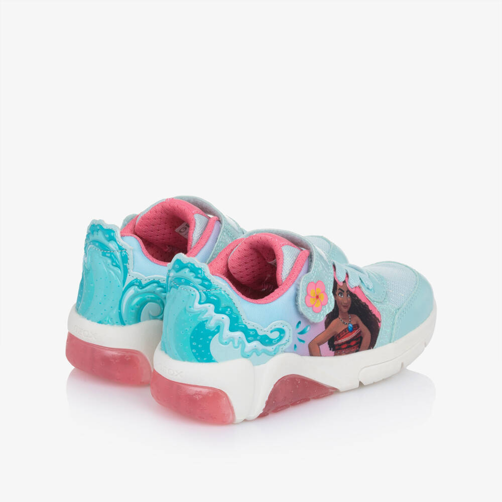 Geox-Girls Glittery Aqua Blue & Pink Disney Moana Light Up Trainers | Childrensalon