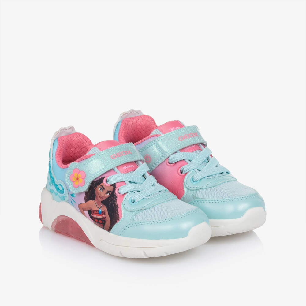 Geox-Girls Glittery Aqua Blue & Pink Disney Moana Light Up Trainers | Childrensalon
