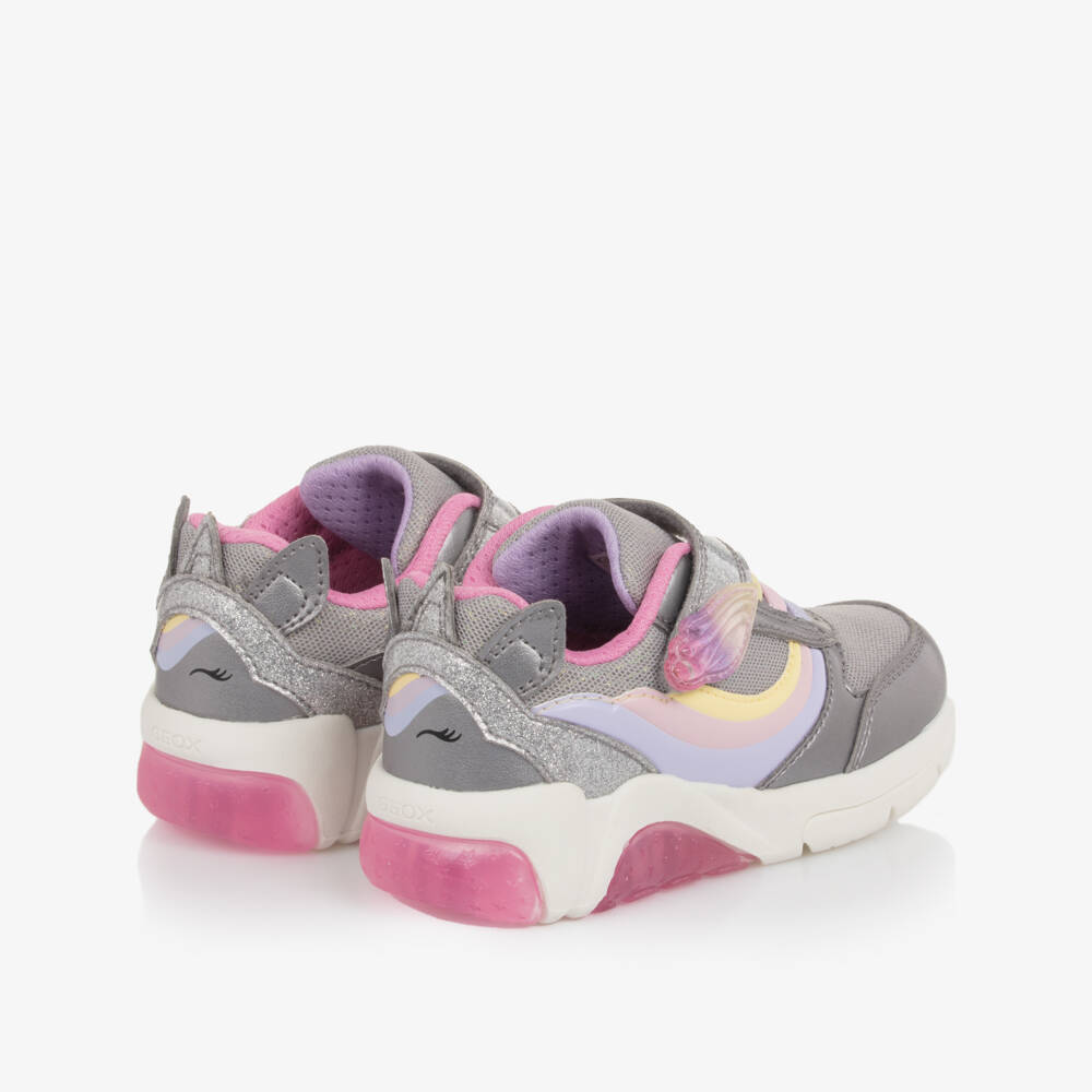 Geox-Girls Glittery Silver Unicorn Light-Up Trainers | Childrensalon