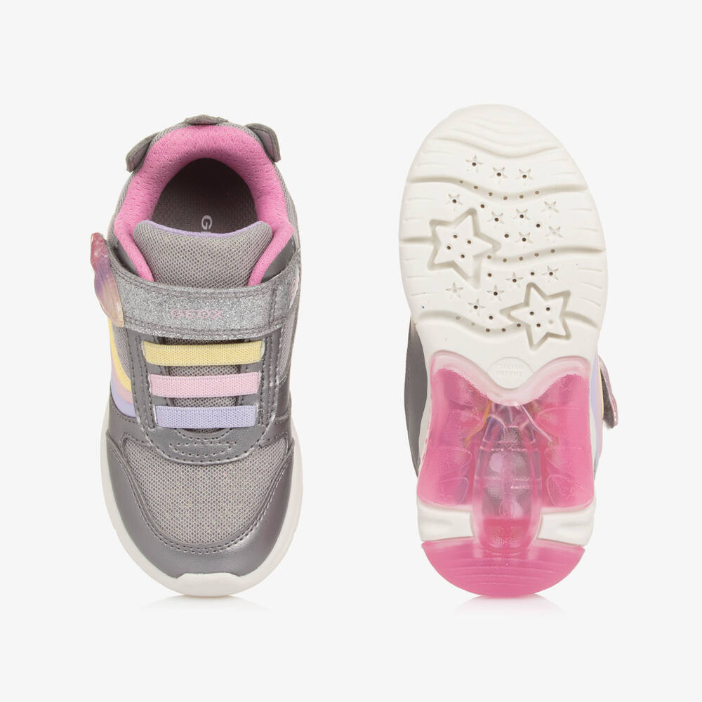 Geox-Girls Glittery Silver Unicorn Light-Up Trainers | Childrensalon