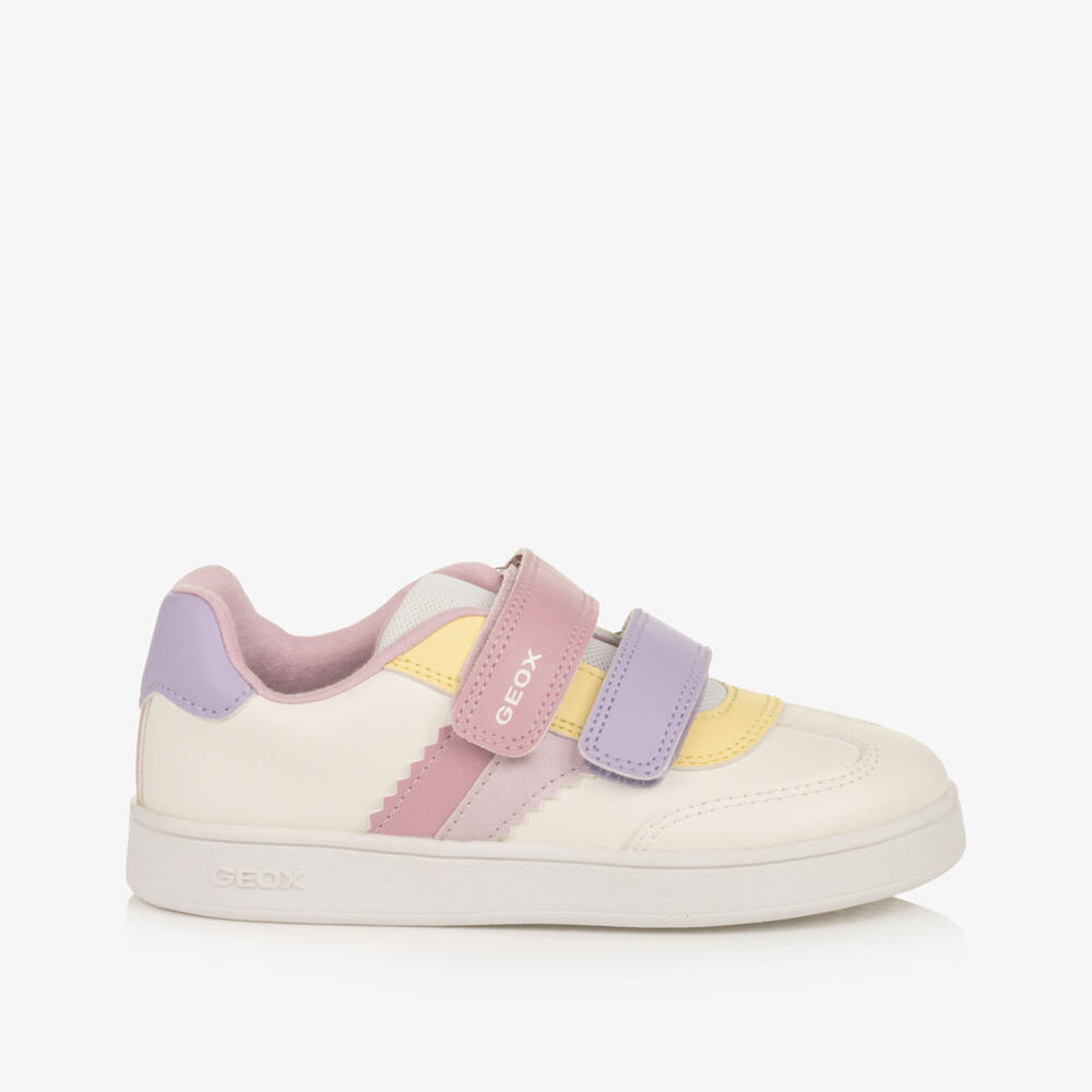 Geox-Girls Ivory Faux Leather Trainers with Pastel Trims | Childrensalon
