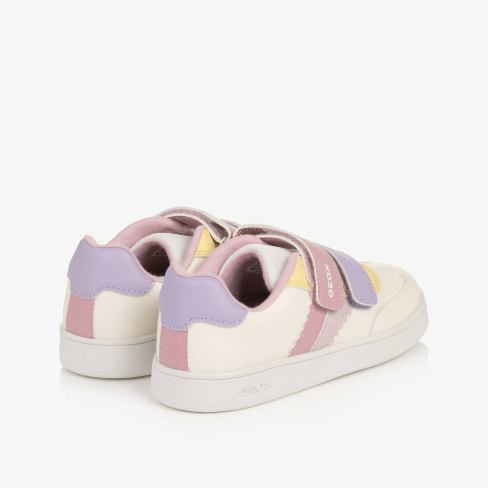 Geox-Girls Ivory Faux Leather Trainers with Pastel Trims | Childrensalon