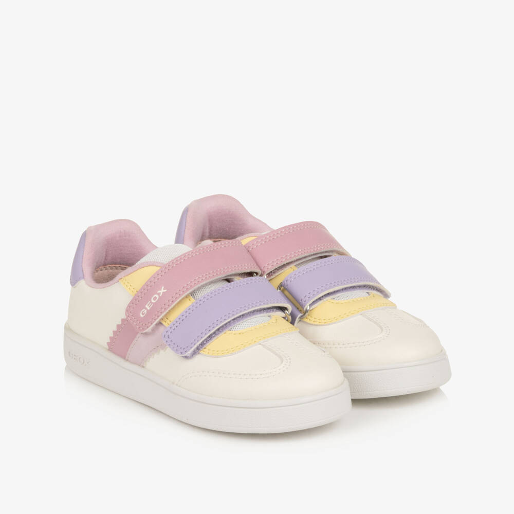 Geox-Girls Ivory Faux Leather Trainers with Pastel Trims | Childrensalon