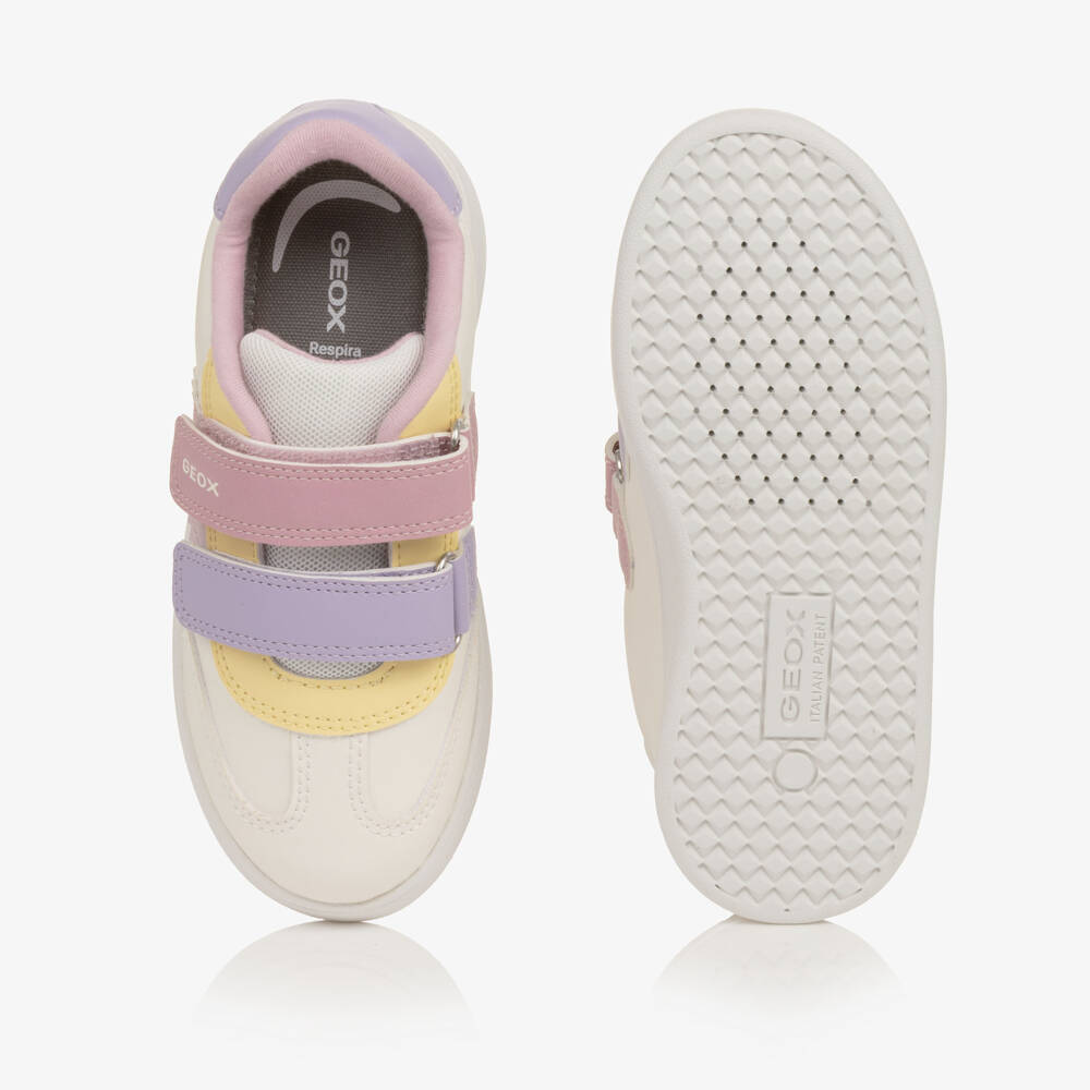 Geox-Girls Ivory Faux Leather Trainers with Pastel Trims | Childrensalon