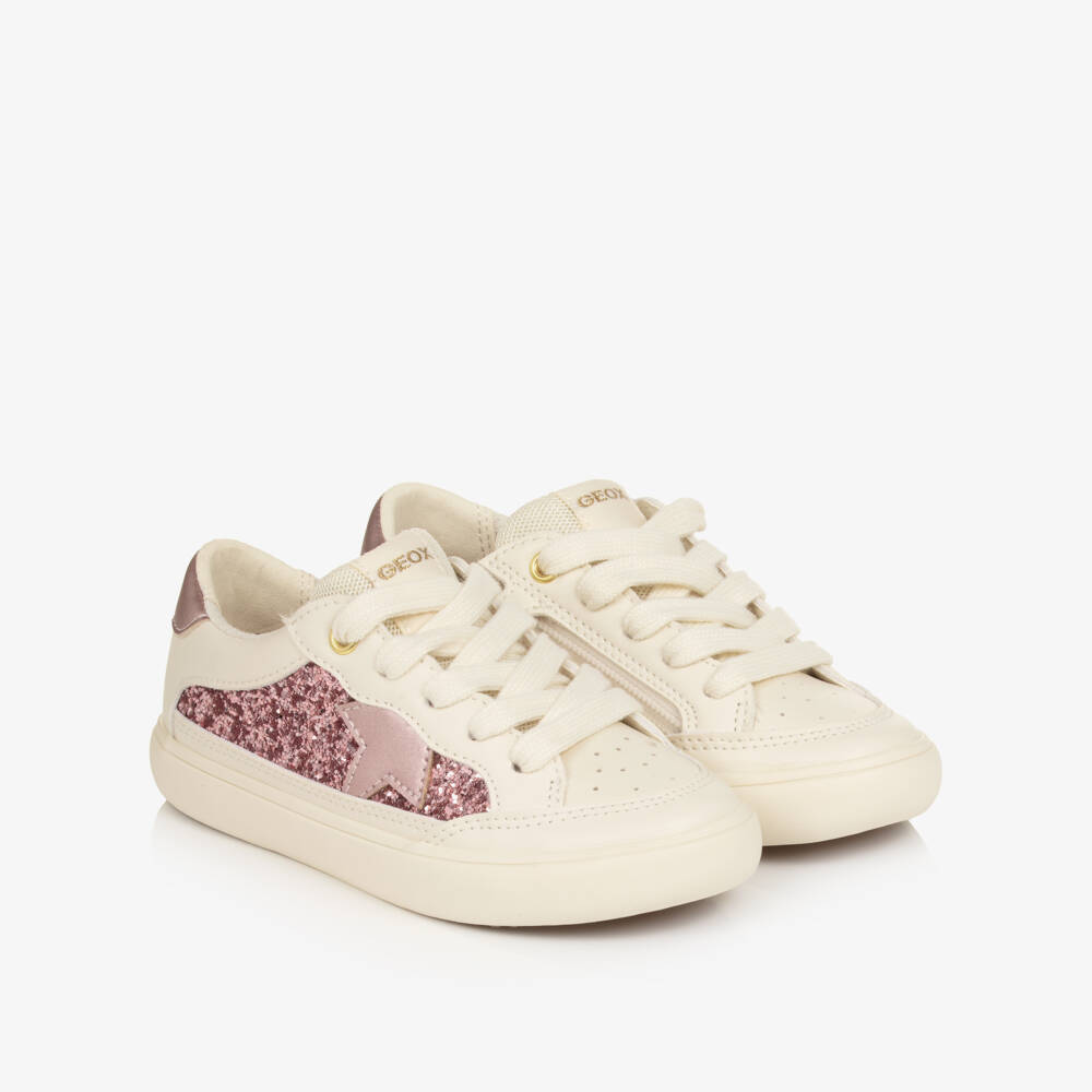 Geox-Girls Ivory & Pink Glitter Trainers | Childrensalon