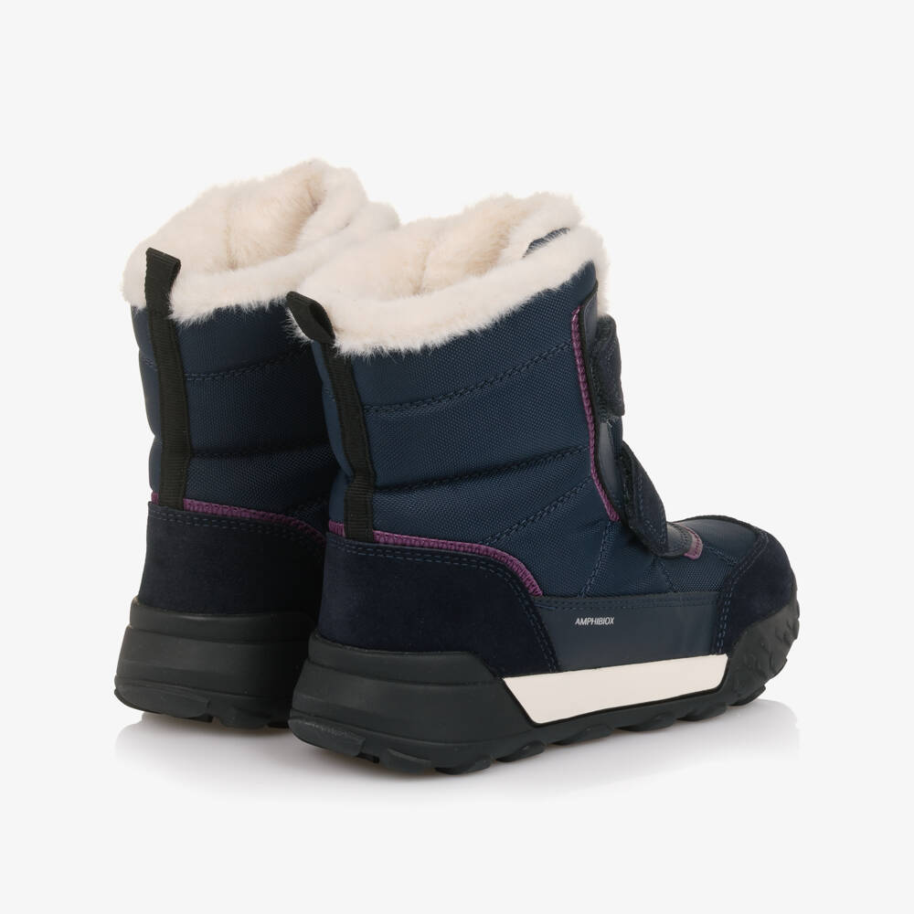 Geox-Girls Navy Blue Fur Lined Waterproof Boots with Purple Trim | Childrensalon