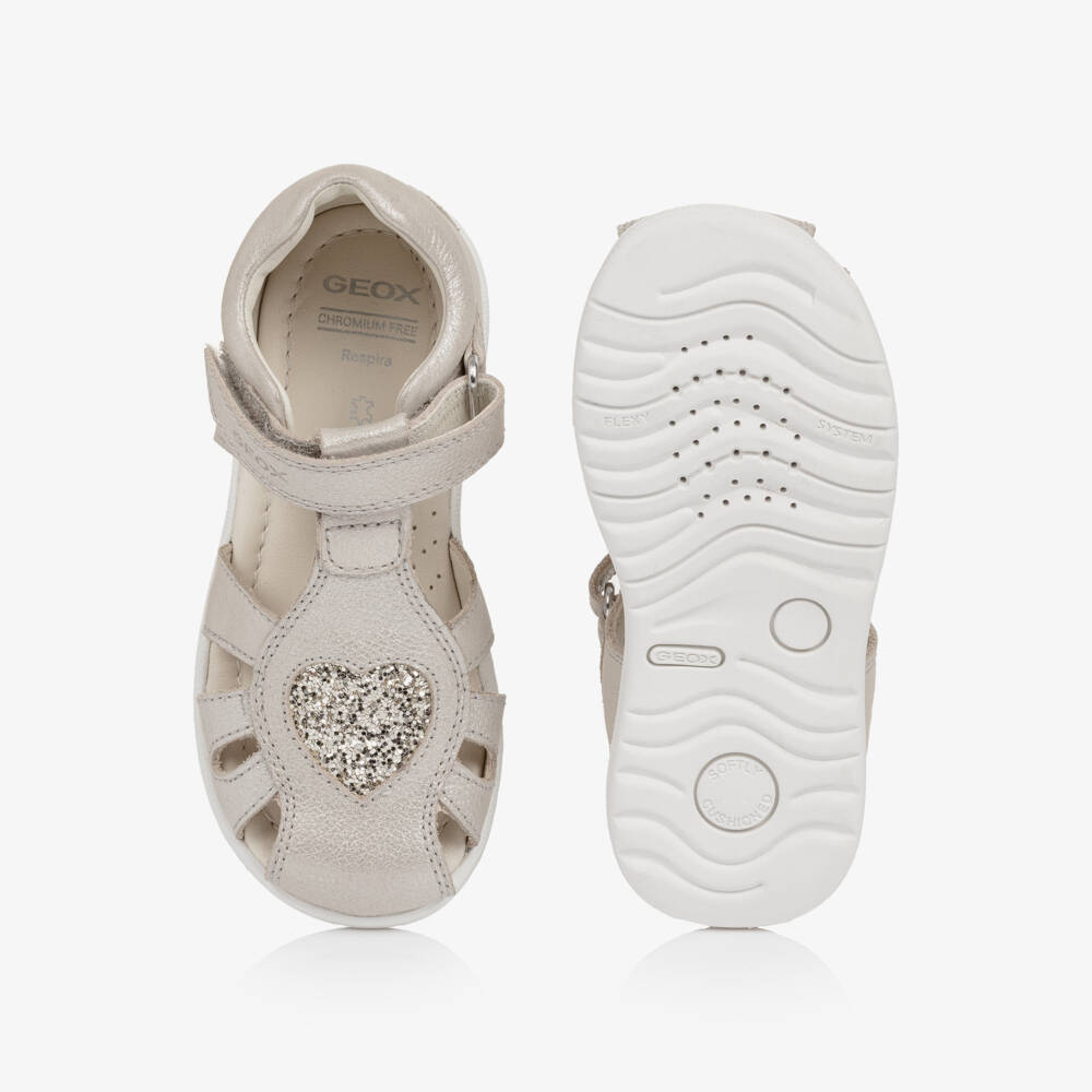 Geox-صندل جلد مزين بقلب لامع لون فضي للبنات | Childrensalon