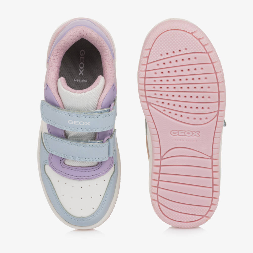Geox-Girls White Blue & Pink Faux Leather Trainers | Childrensalon