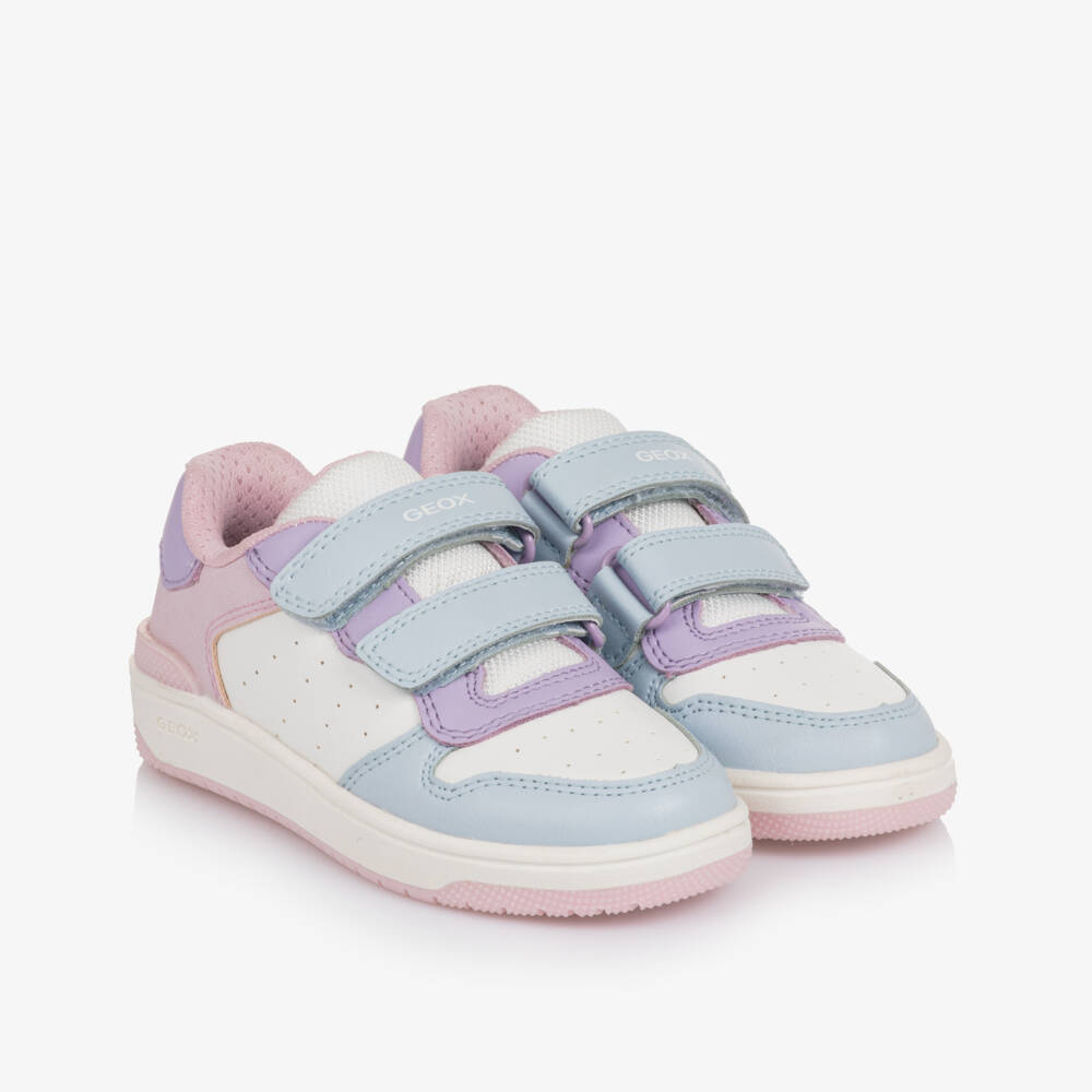 Geox-Girls White Blue & Pink Faux Leather Trainers | Childrensalon
