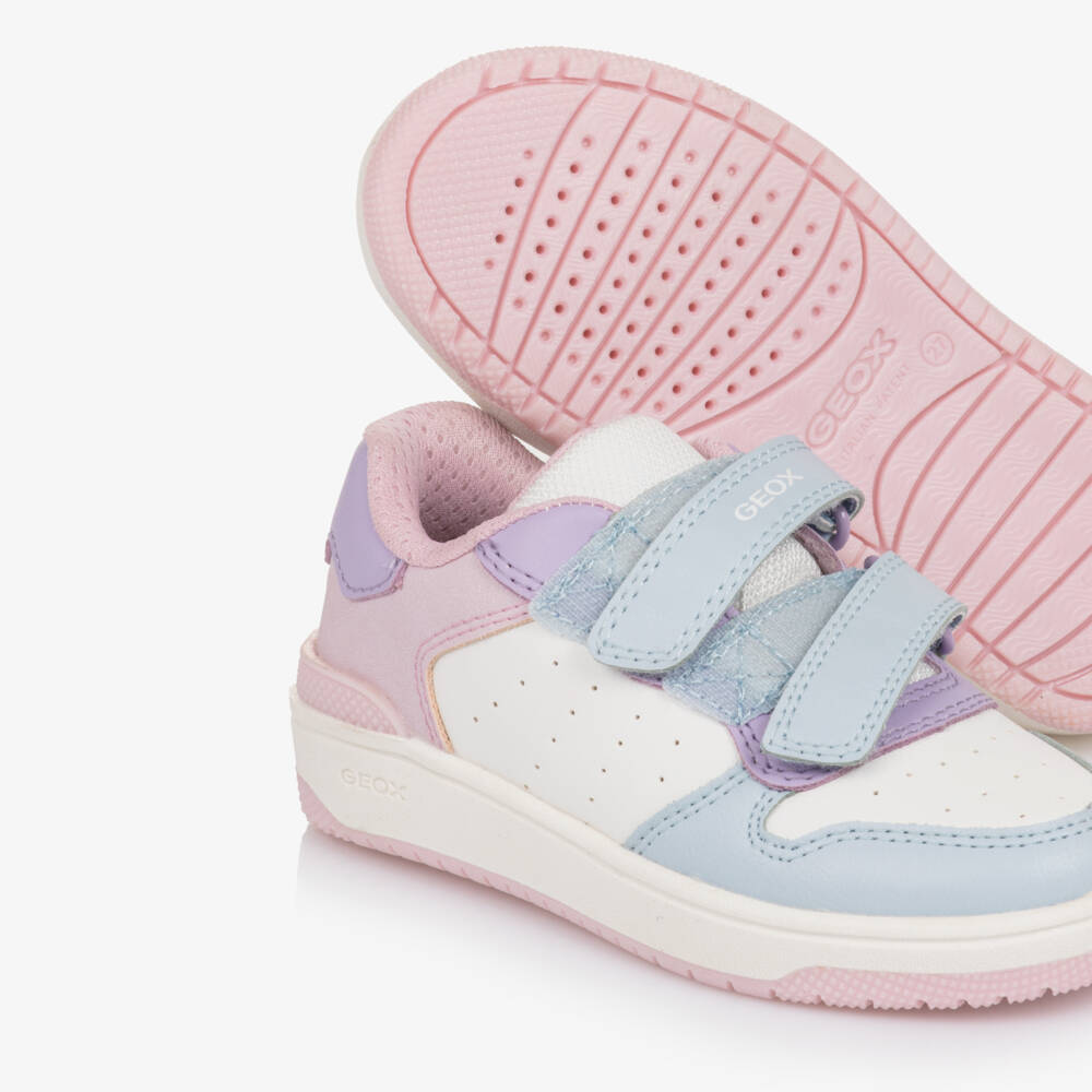 Geox-Girls White Blue & Pink Faux Leather Trainers | Childrensalon