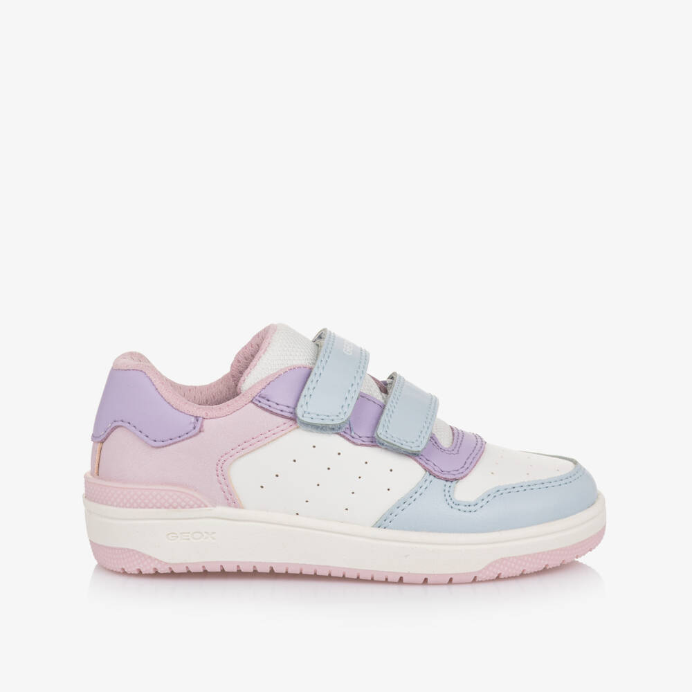 Geox-Girls White Blue & Pink Faux Leather Trainers | Childrensalon
