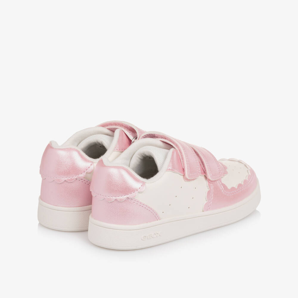 Geox-Girls White Faux Leather Trainers with Scalloped Trims | Childrensalon