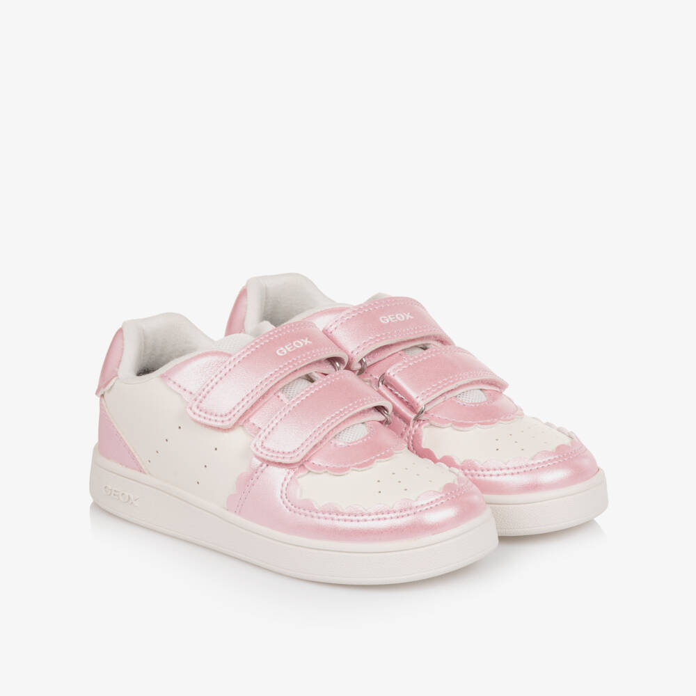 Geox-Girls White Faux Leather Trainers with Scalloped Trims | Childrensalon