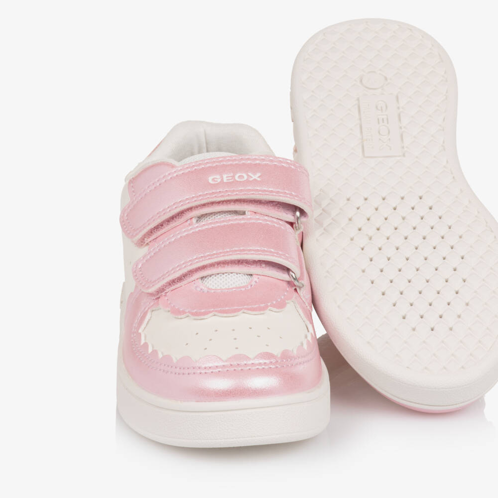 Geox-Girls White Faux Leather Trainers with Scalloped Trims | Childrensalon