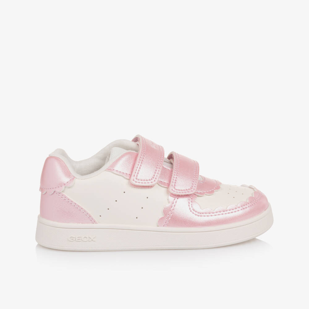 Geox-Girls White Faux Leather Trainers with Scalloped Trims | Childrensalon