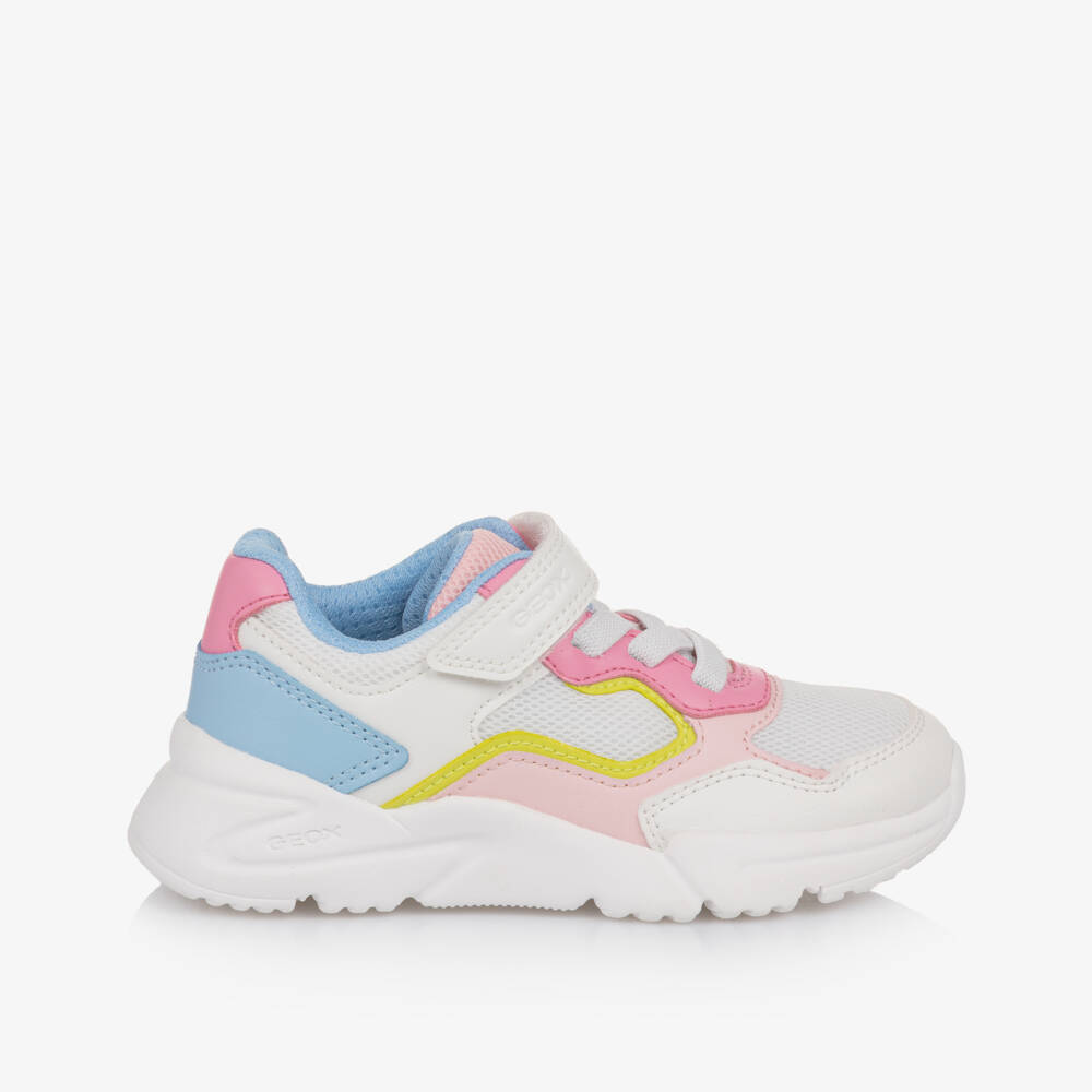 Geox-Girls White Trainers with Pink & Blue Trim | Childrensalon