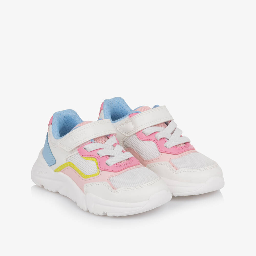 Geox-Girls White Trainers with Pink & Blue Trim | Childrensalon