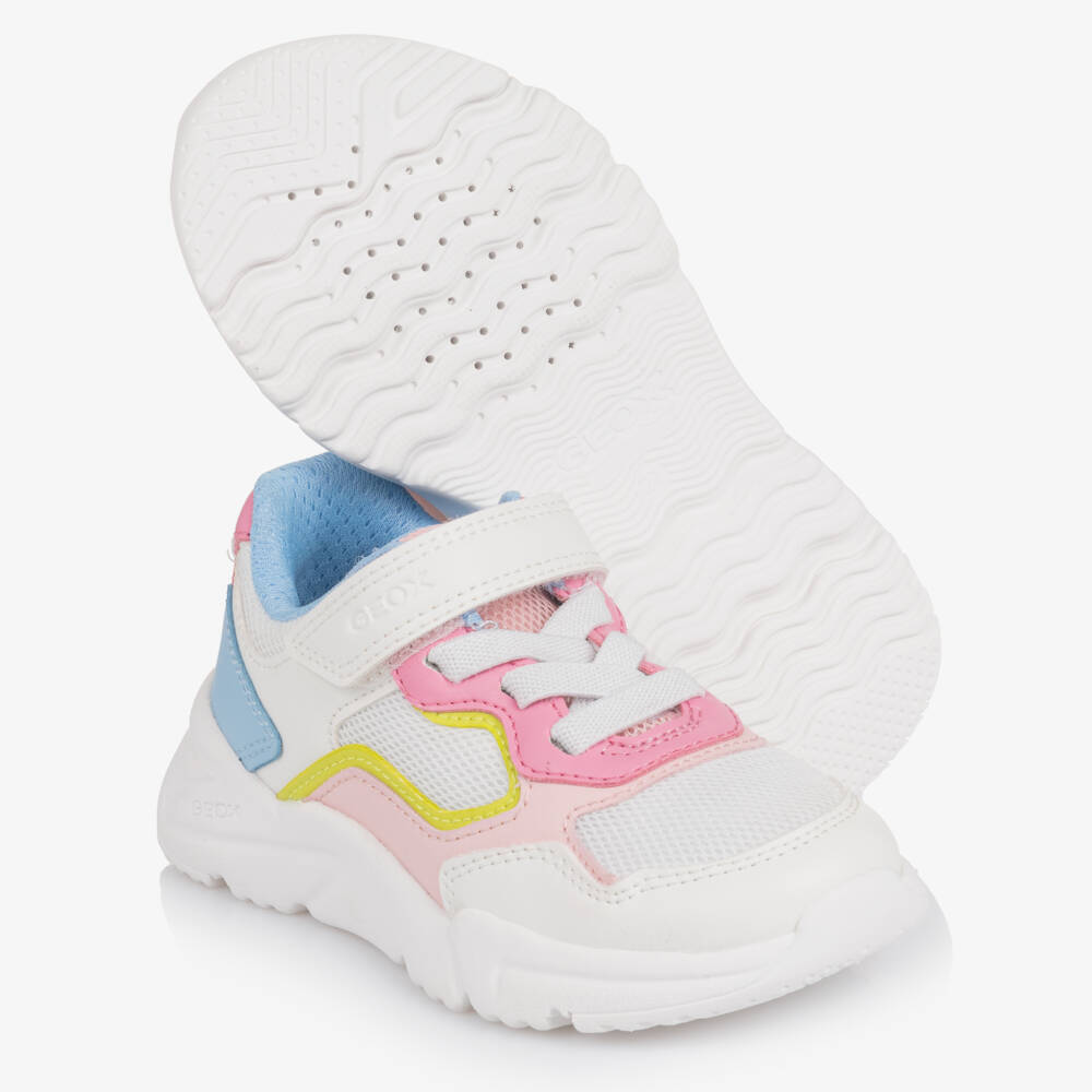 Geox-Girls White Trainers with Pink & Blue Trim | Childrensalon