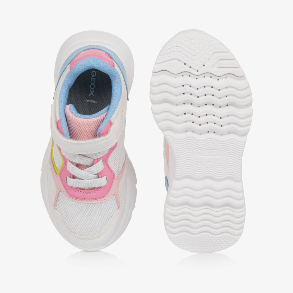 Geox-Girls White Trainers with Pink & Blue Trim | Childrensalon