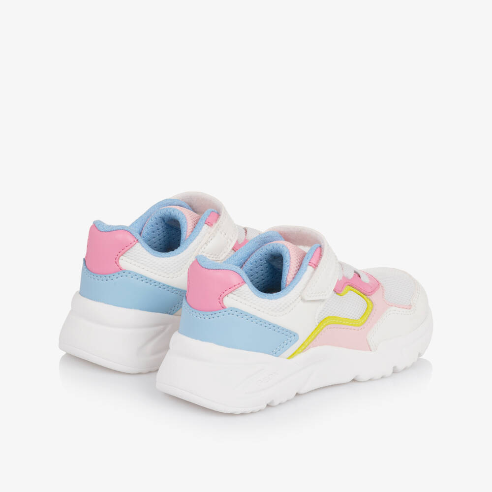 Geox-Girls White Trainers with Pink & Blue Trim | Childrensalon