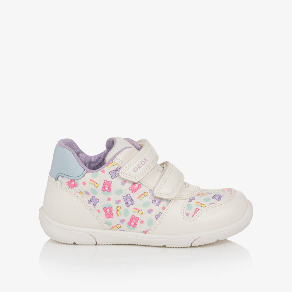 Geox-Girls White Velcro Trainers with Pink & Purple Bear Print | Childrensalon
