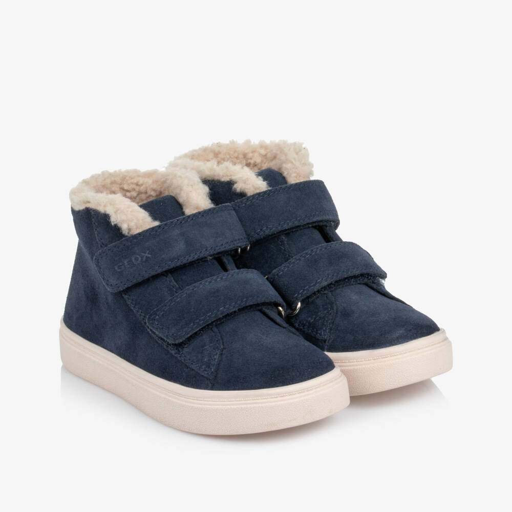 Geox-Navy Waterproof Suede Trainers with Sherpa Trims | Childrensalon