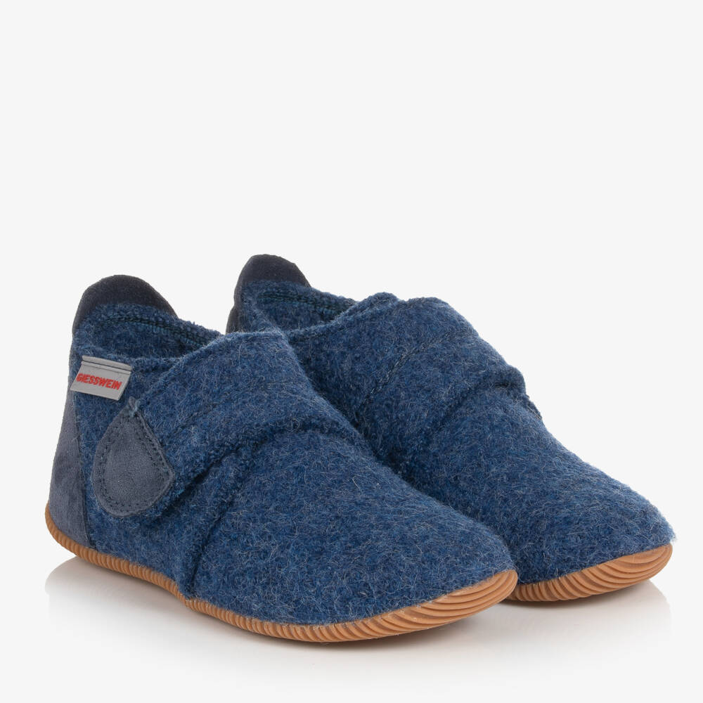 Giesswein-Blue Felted Wool Velcro Slippers | Childrensalon