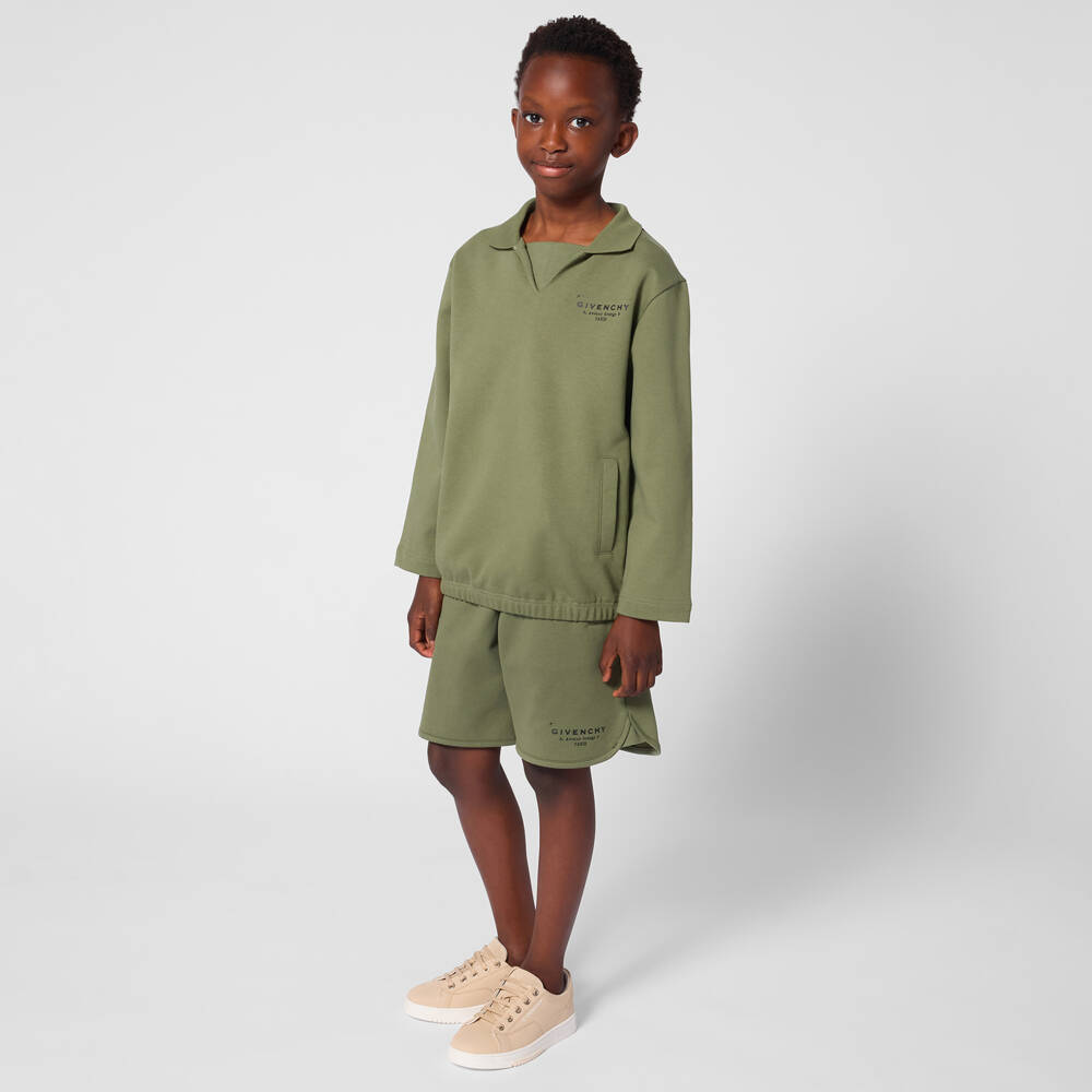 Givenchy-Boys Moss Green Cotton Jersey Shorts with Givenchy Stamp | Childrensalon