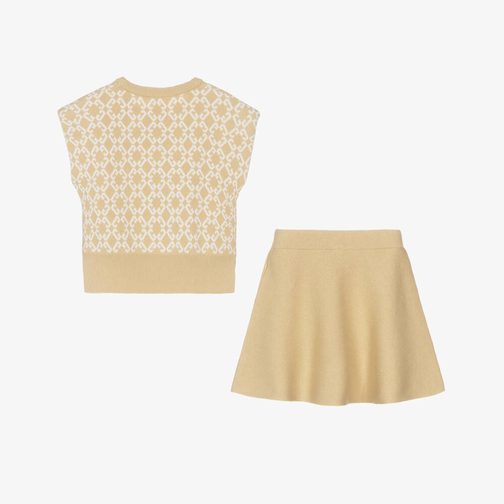 Givenchy-Girls Beige Logo Jacquard Cotton & Wool Knit Skirt Set | Childrensalon