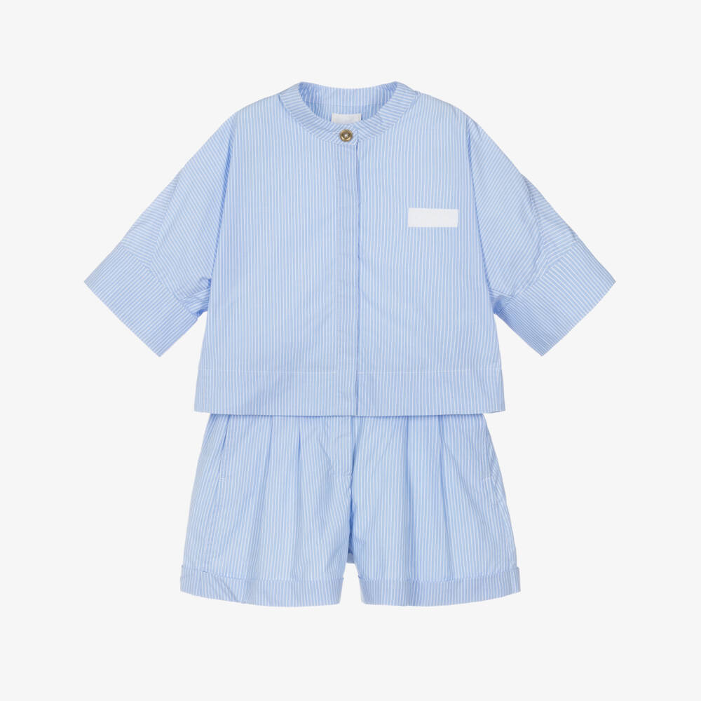Givenchy-Girls Blue Stripe Cotton Poplin Shorts Set | Childrensalon