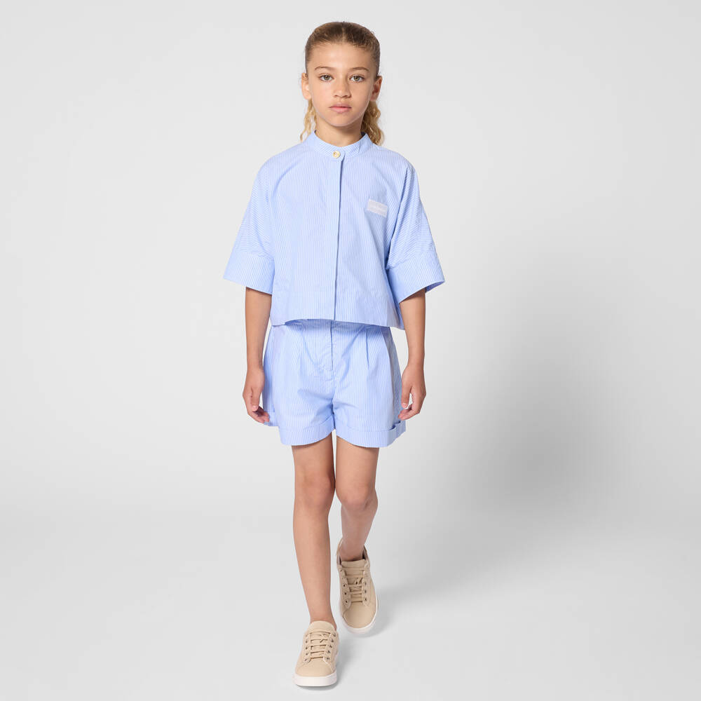 Givenchy-Girls Blue Stripe Cotton Poplin Shorts Set | Childrensalon