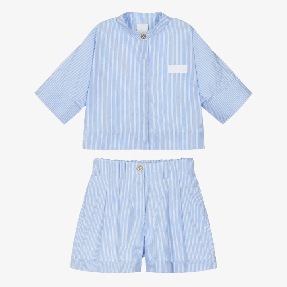 Givenchy-Girls Blue Stripe Cotton Poplin Shorts Set | Childrensalon