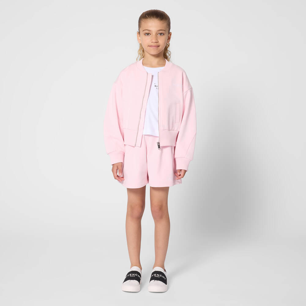 Givenchy-Girls Pale Pink Cotton Embroidered Logo Zip-Up Top | Childrensalon