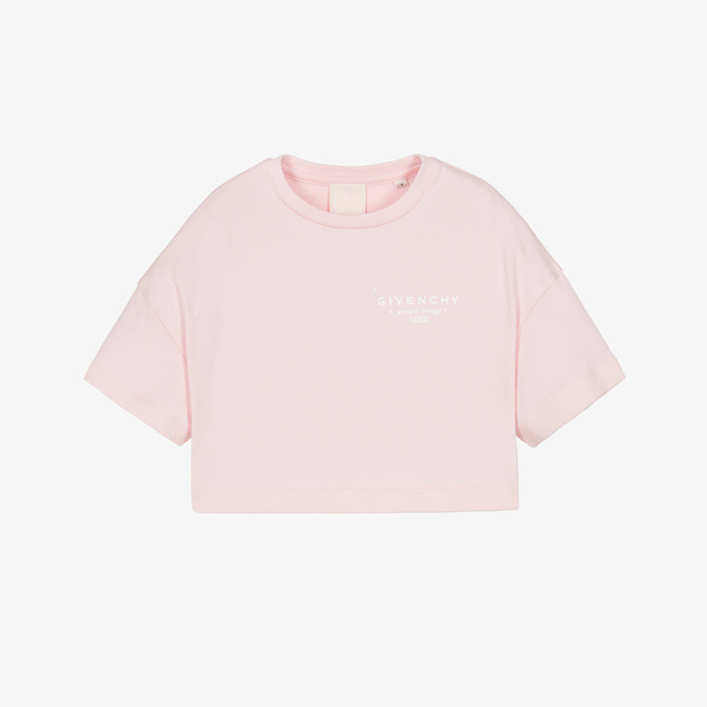 Givenchy-Girls Pink Cotton Boxy T-shirt with Stamp Effect Logo | Childrensalon
