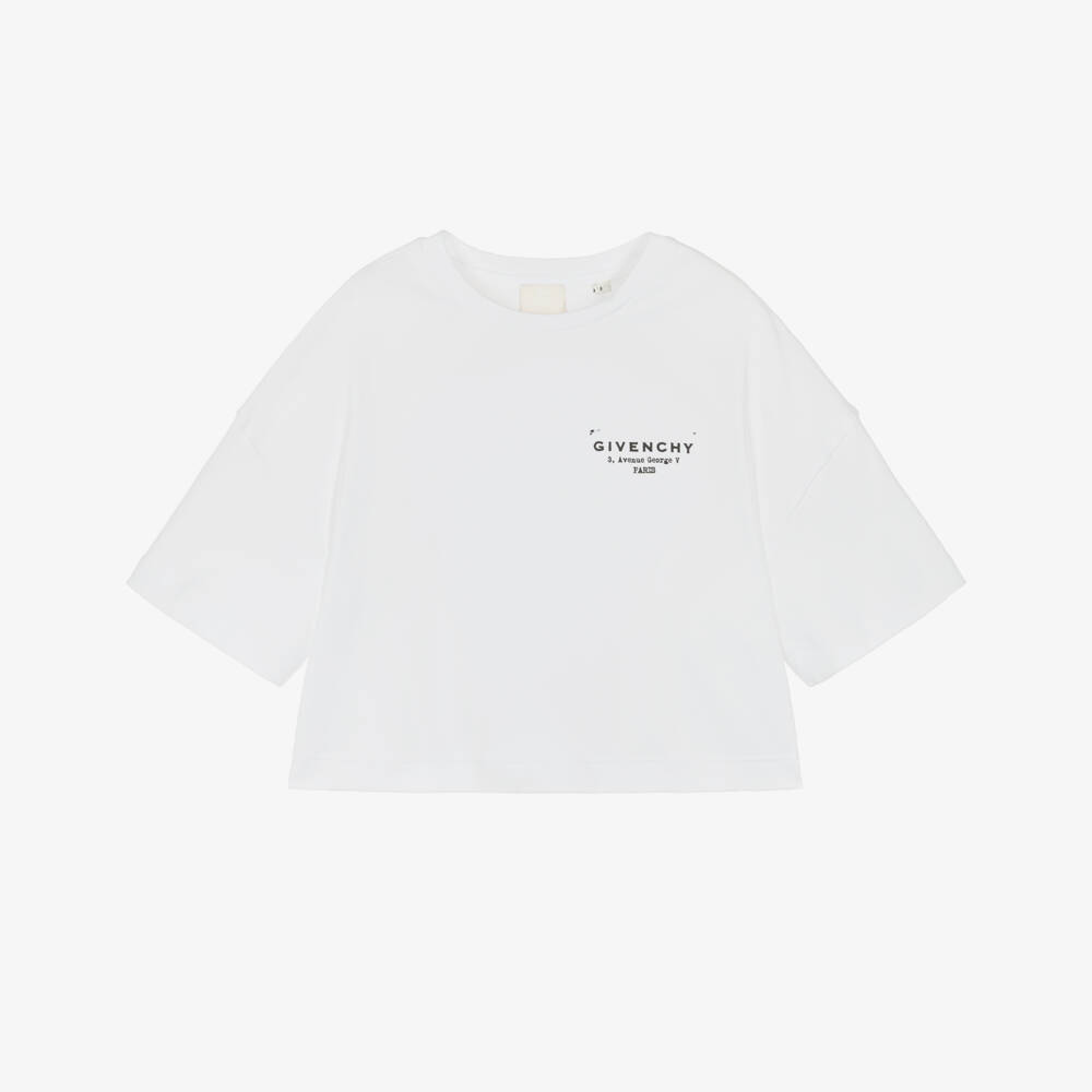 Givenchy-Girls White Cotton Boxy T-shirt with Stamp Effect logo | Childrensalon