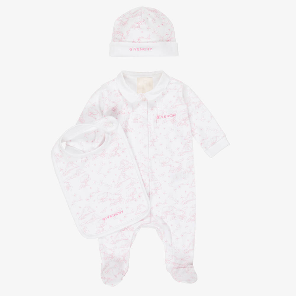 Givenchy-Girls White & Pink Toile De Jouy Cotton Babysuit Set | Childrensalon