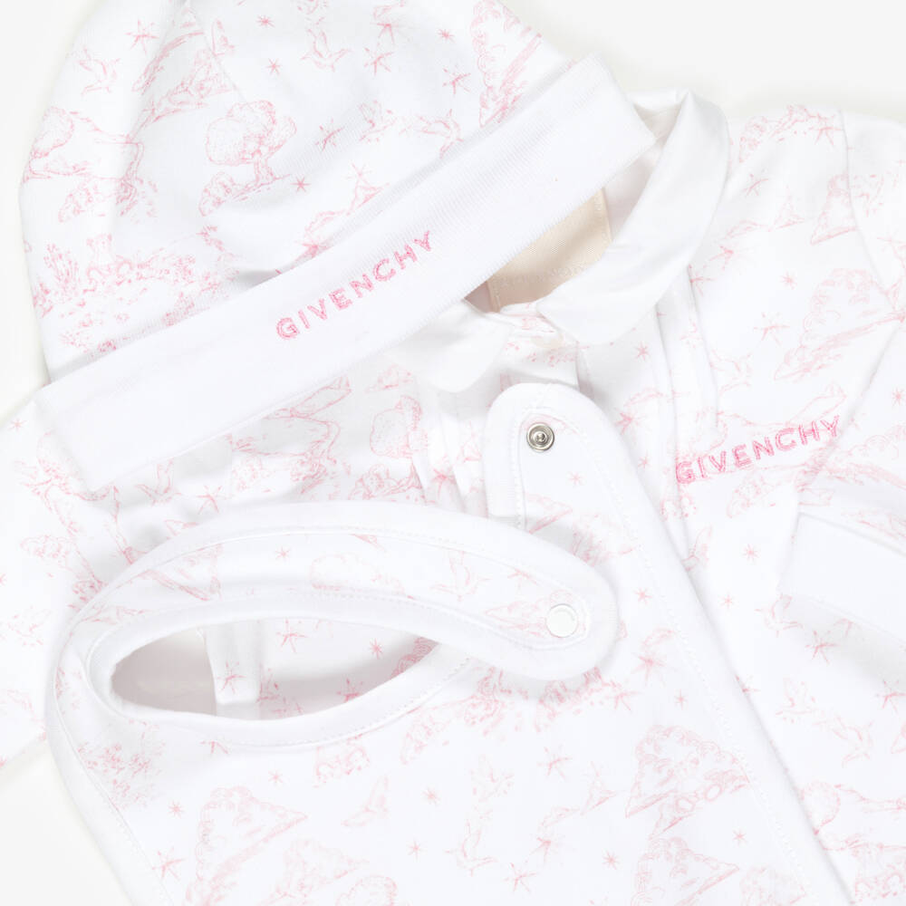 Givenchy-Girls White & Pink Toile De Jouy Cotton Babysuit Set | Childrensalon