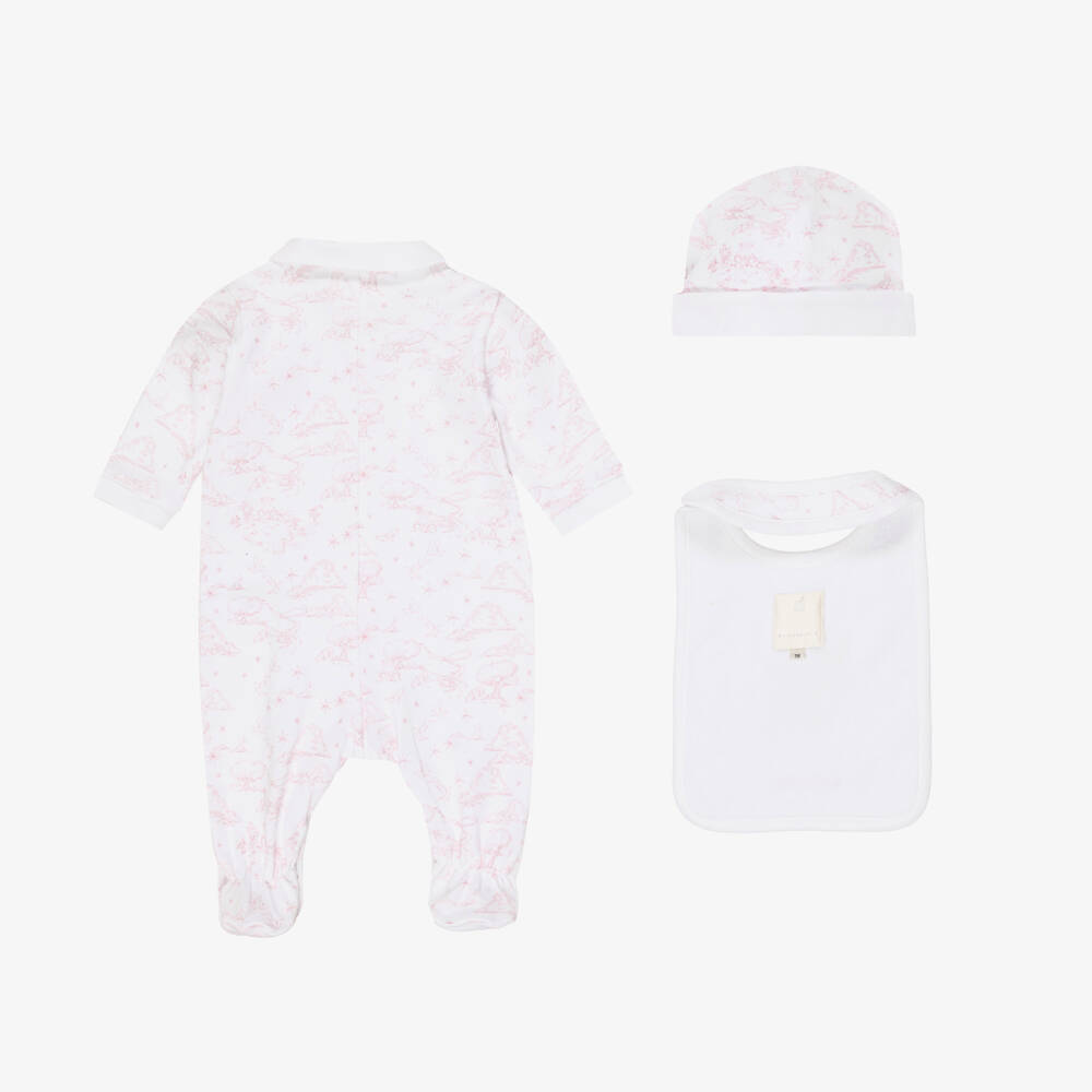 Givenchy-Girls White & Pink Toile De Jouy Cotton Babysuit Set | Childrensalon
