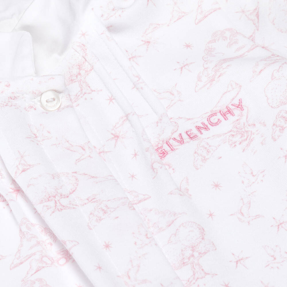 Givenchy-Girls White & Pink Toile De Jouy Cotton Babysuit Set | Childrensalon