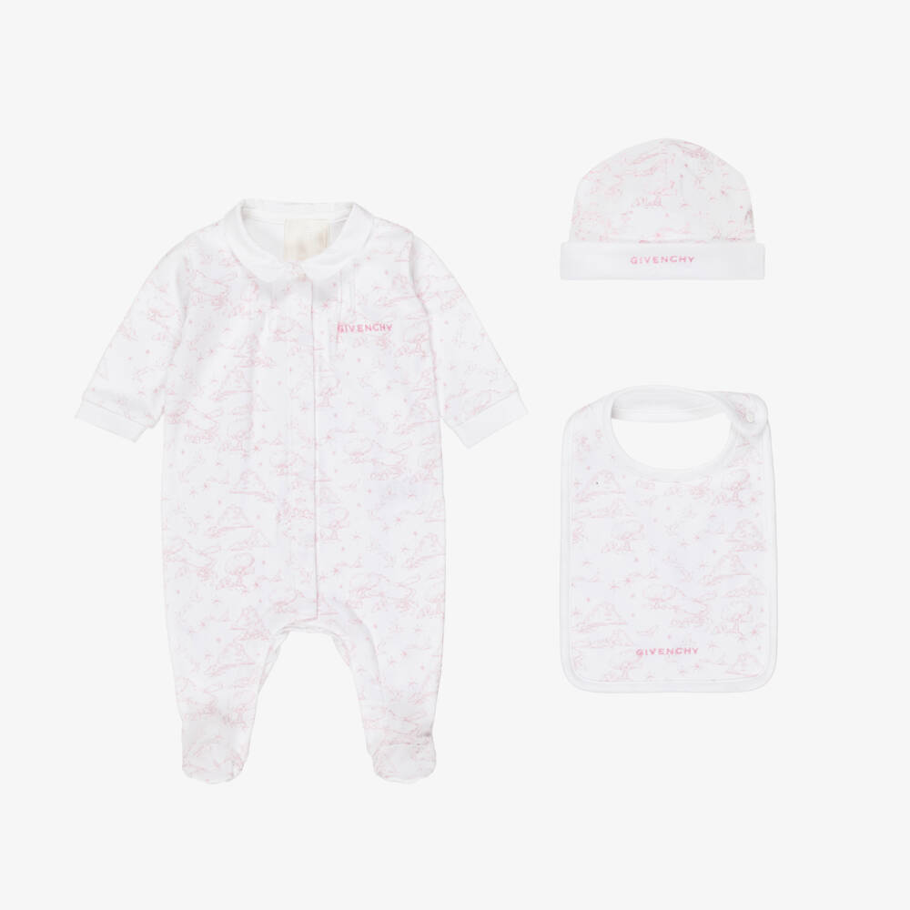 Givenchy-Girls White & Pink Toile De Jouy Cotton Babysuit Set | Childrensalon